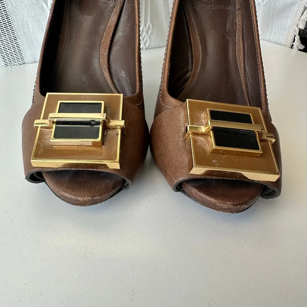 Tory Burch (7.5) Brown Leather Platform Heels- Art Deco, Buckle, Open Toe, Block